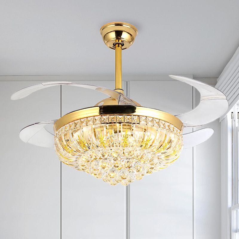 Taglio ventola di montaggio a led conico cristallo moderno semifulto dorato elegante con controllo telecomando/controllo/conversione di frequenza della parete