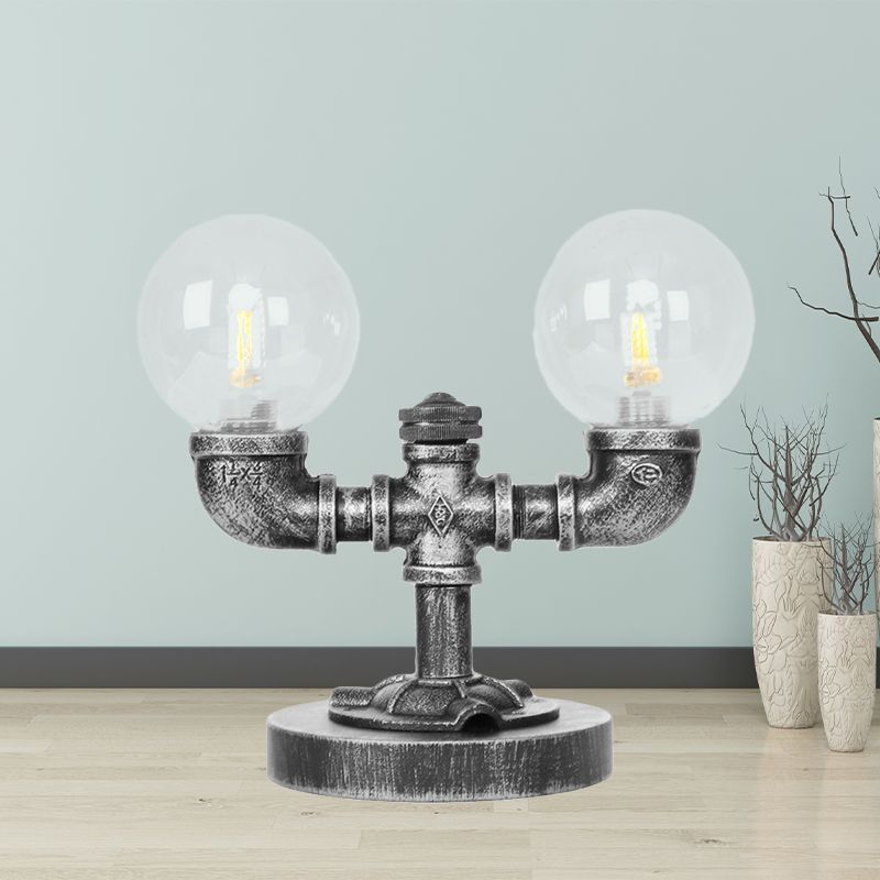 Lampada da scrivania industriale con paralume rotondo Illuminazione da lavoro in vetro trasparente/ambrato a 2/3 lampadine in argento antico/bronzo con base