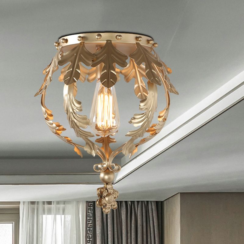 Single Inverted Leaf Crown Flush Light Rustic Grey/White/Gold Metal Ceiling Mounted Lamp for Corridor