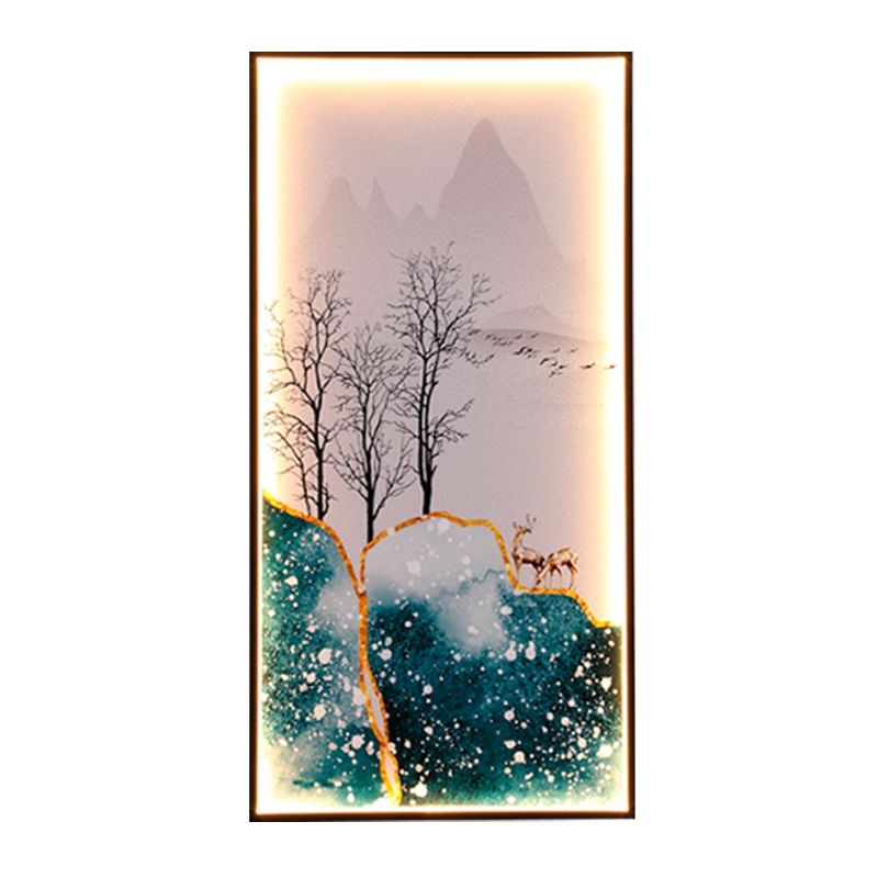 Rectangular Wall Mural Light Asia Fabric Tearoom LED Sconce with Fish/Elk Pattern, Blue