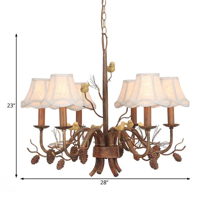 6 Lights Pendant Light Rustic Scalloped Metal Hanging Chandelier in White with Fabric Shade and Pinecone