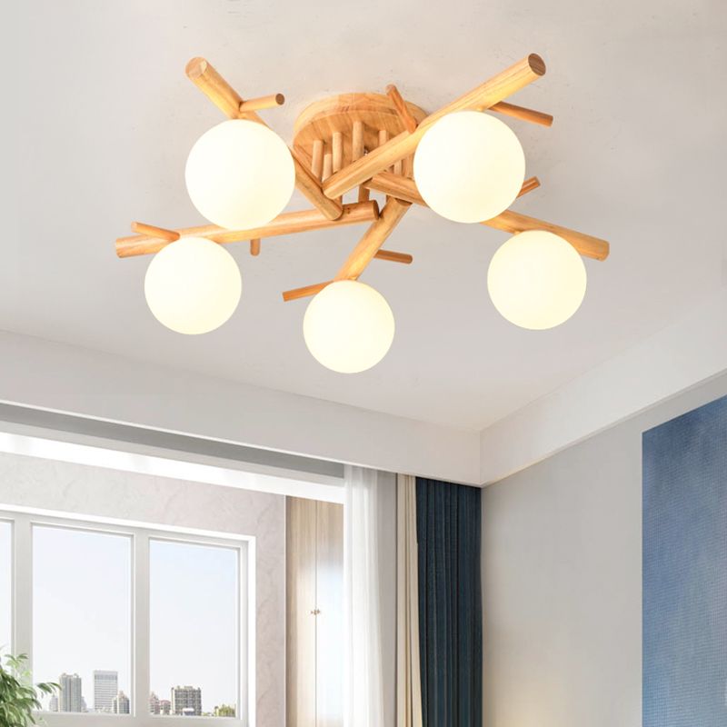 Luminaire de plafond en forme de globe en bois, luminaire de style moderne, beige