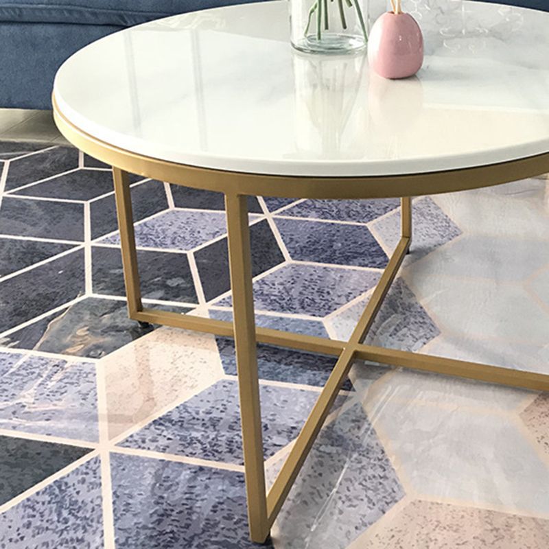 Modern Round Slate Coffee Table Cross Legs Cocktail Table in Gold