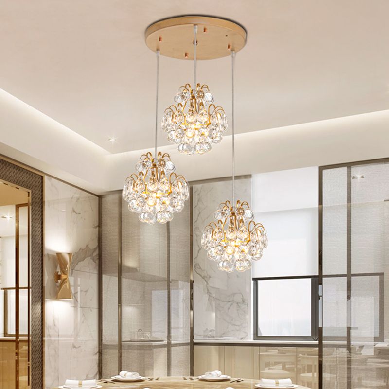 Round/Linear Canopy Dinning Hall Multi Ceiling Lamp Modern Metal 3 Bulbs Black/Gold Hanging Pendant with Clear Crystal Balls