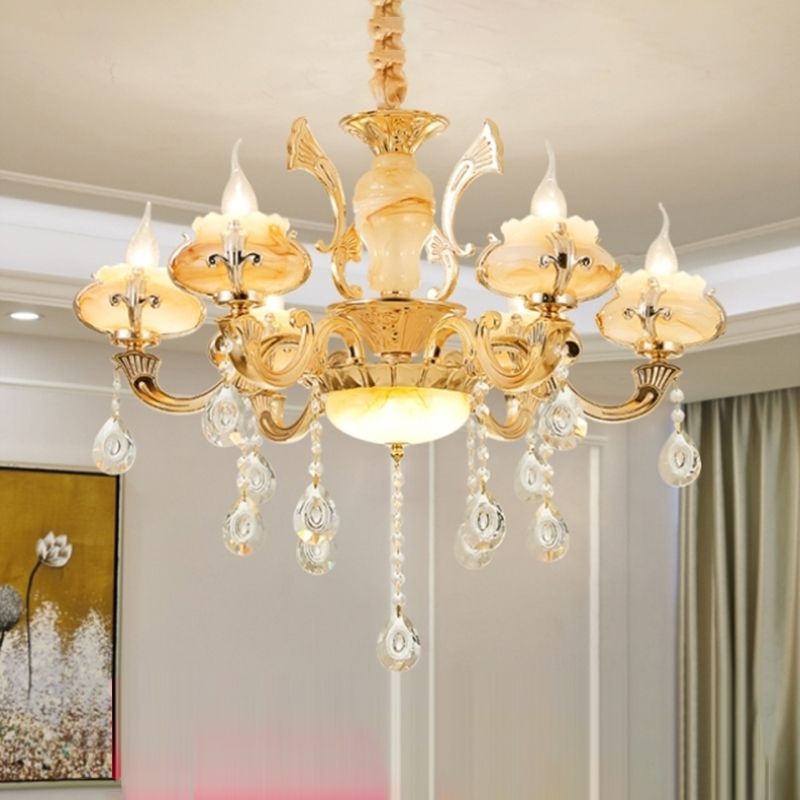 Gouden bloemenschaduw kroonluchter licht retro glas woonkamer hanglamp lamp met hangende kristal