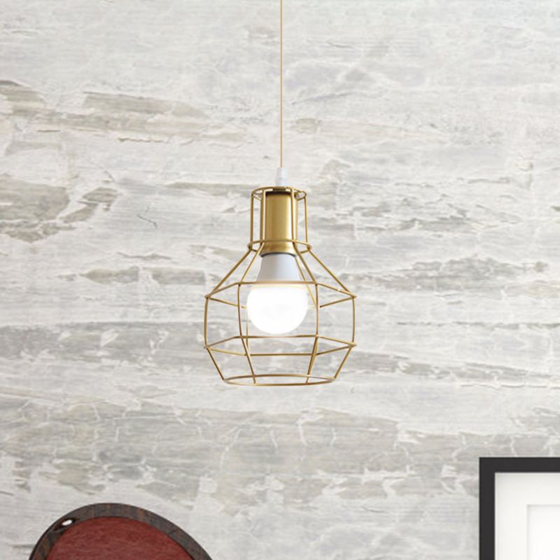 Gold Wire Cage Pendant Light 1 Head Retro Industrial Iron Hanging Lamp with Shade for Coffee Shop
