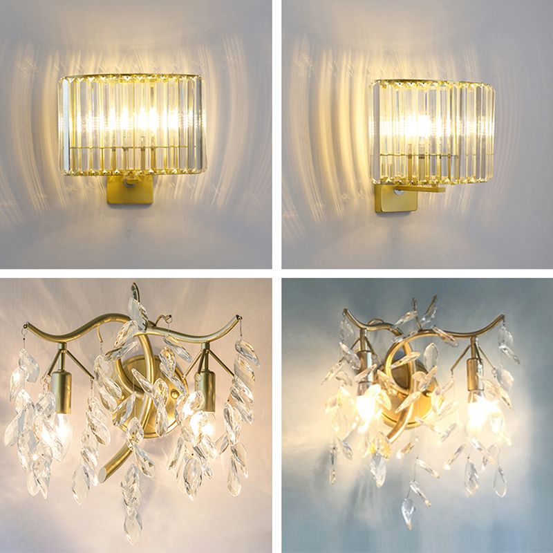 Gold Metal Modern Wall Sconce Geometric Shape Wall Light with Crystal Shade for Bedroom