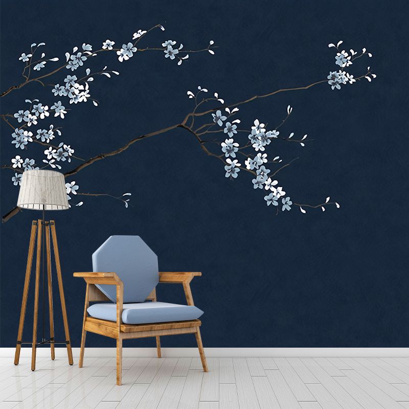 Enchanting Plum Branch Mural Decal Moisture Resistant Asian Bedroom Wall Art in Dark Color