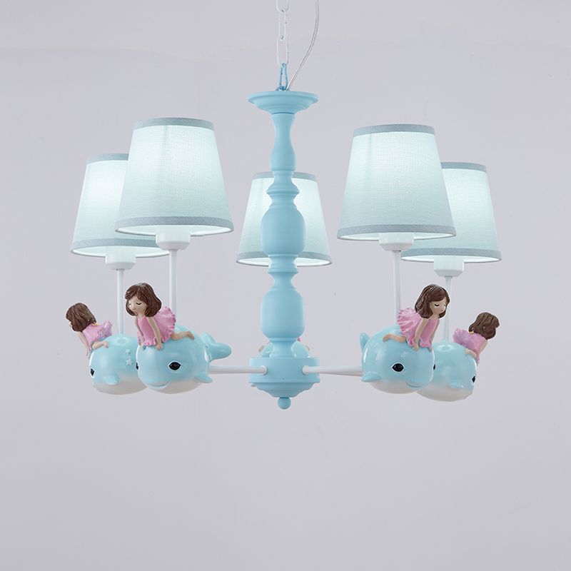 Empire Shade Girls Bedroom Chandelier Fabric Kids Style Hanging Light avec décor de baleine