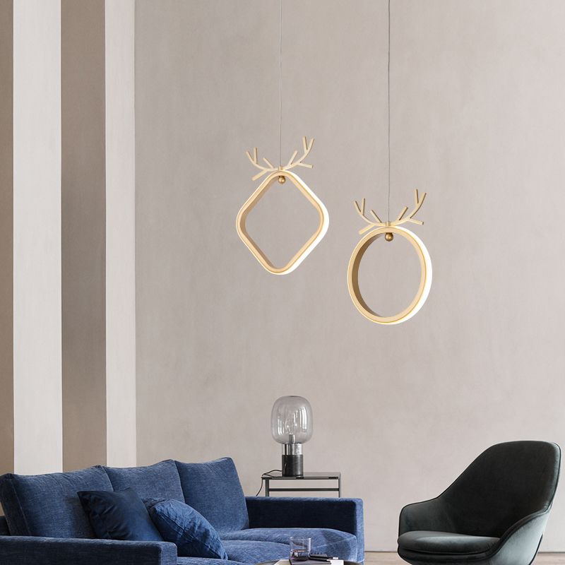 Nordic Style Iron Ceiling Lamp Geometry LED Pendant Light with Antlers for Bedroom