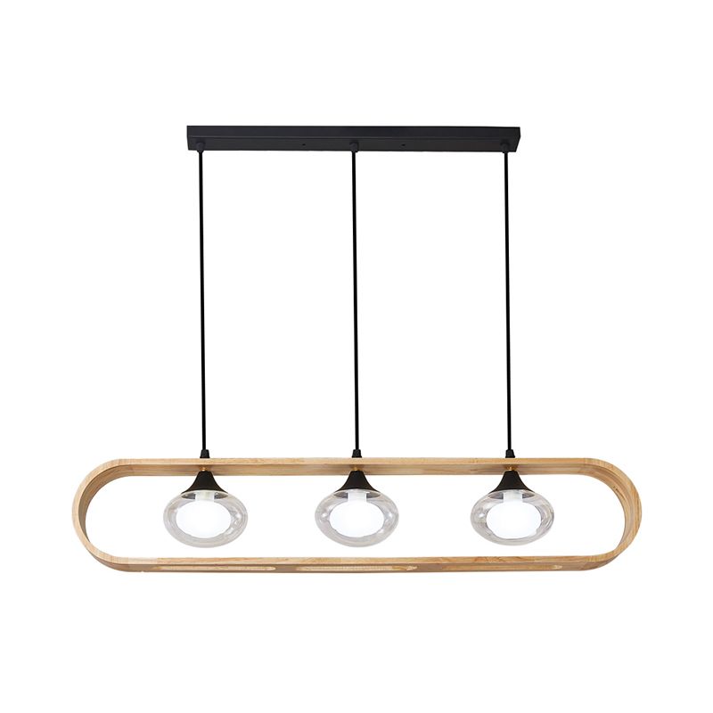 Beige Rectangle Hanging Lighting Modernism 3-Head Wood Cluster Pendant Lamp with Oval Clear Glass Shade