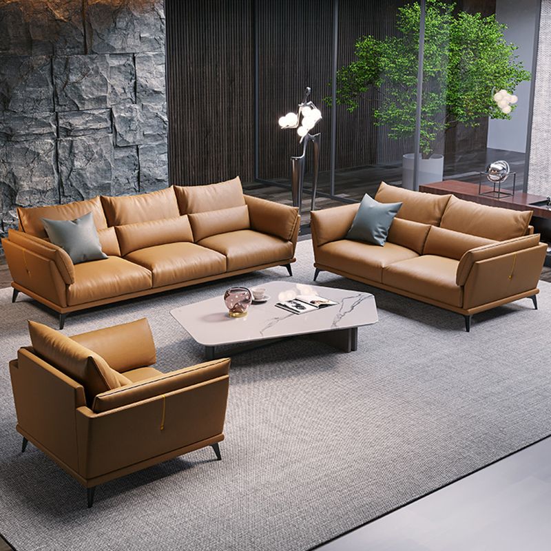 Genuine Leather Square Arm Bench Seating with Bolster Pillows Brown Settee Furniture