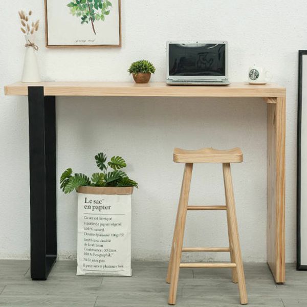 Pine Wood Top Rectangular Bar Table Modern Bistro Table with Double Pedestal