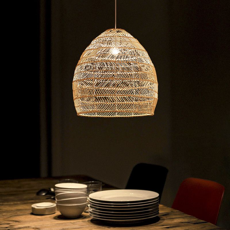 Chinese Pastoral Pendant Light Rattan 1 Head Hanging Light for Bedroom