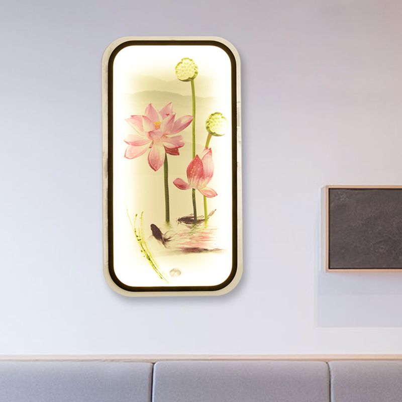 Chinese Lotus Pond Mural Light Fabric Sitting Room LED Wall Mounted Light Fixture in Black