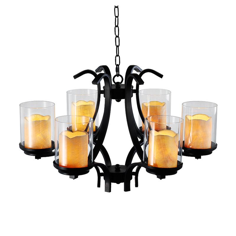 6 Lights Dining Room Ceiling Lamp Country Black Chandelier Light with Cylinder Marble and Clear Glass Shade