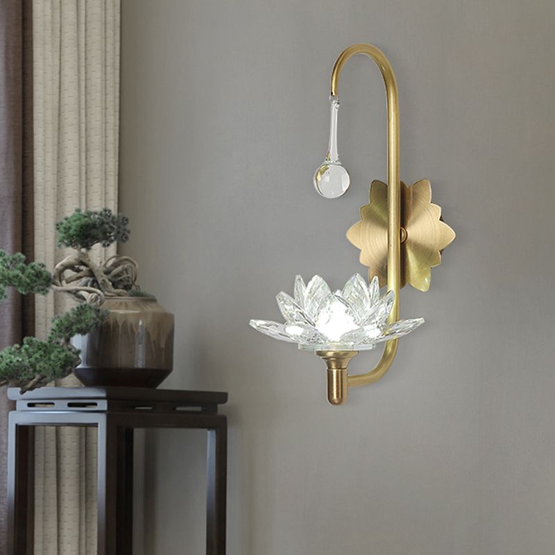 Lotus Living Room Wall Sconce Luxurious Clear Crystal 1 Head Brass Wall Lamp with Gooseneck Arm