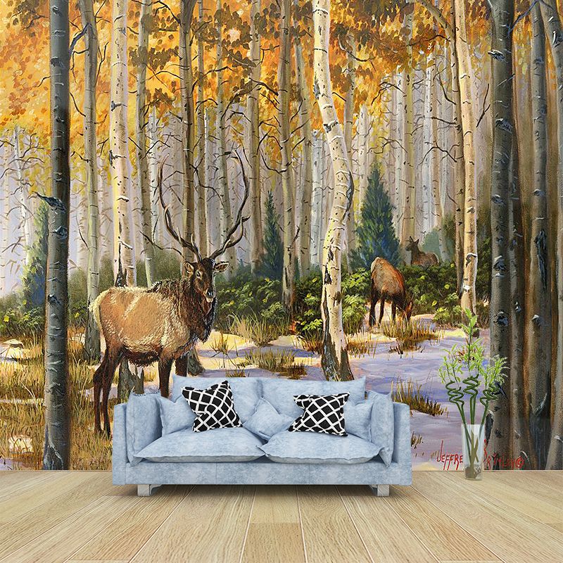 Yellow-Brown Modern Wall Mural Decal Whole Elk in the Forest Wall Covering for Home