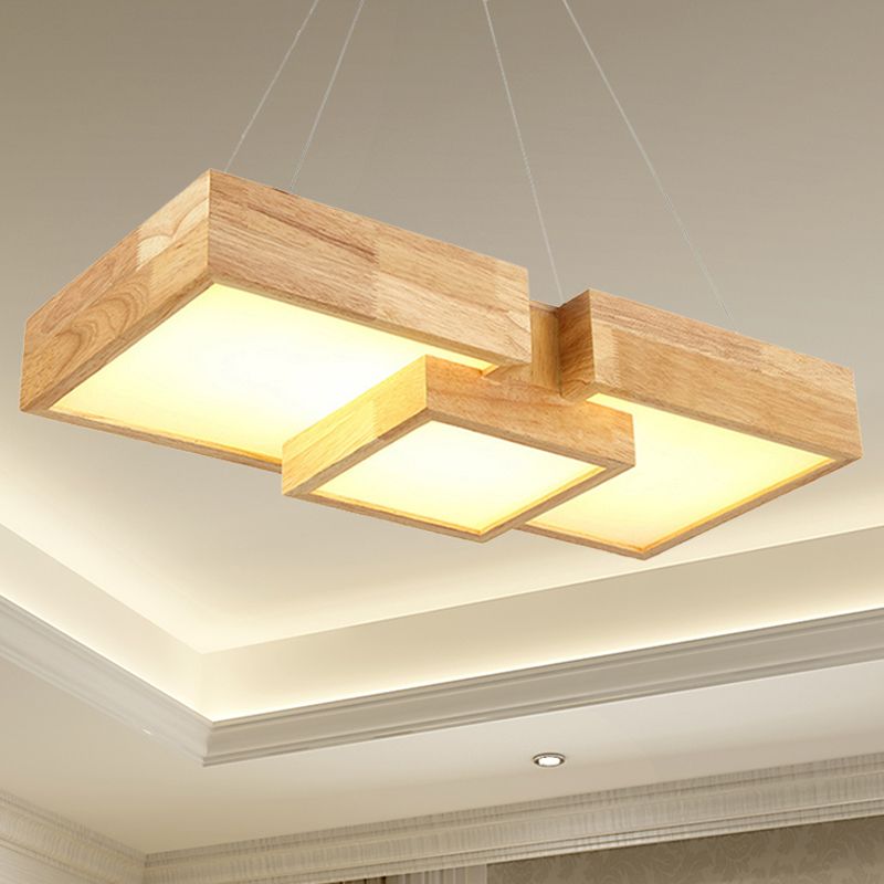 Modern Rhombus/Square LED Chandelier Pendant Wooden 3-Light Bedroom Ceiling Lamp in Warm/White