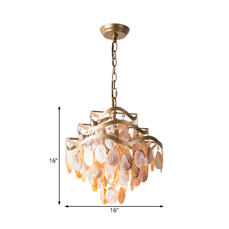 Modern Fountain Chandelier Lamp Shell 4 Heads Ceiling Pendant Light in Beige for Living Room