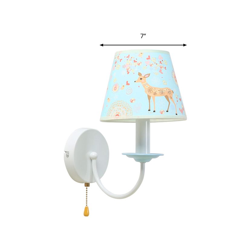 Animal Sika Deer Wall Light with Pull Chain Fabric 1 Light Blue Wall Sconce for Girls Bedroom