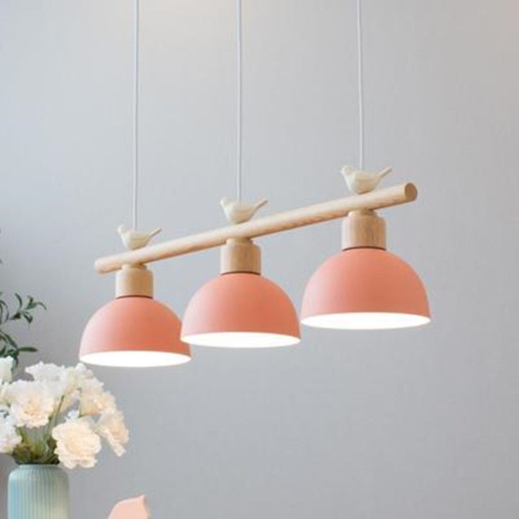 3 Lights Island Pendant Macaron Bowl Metal Pendant with Wood Electric Light Socket