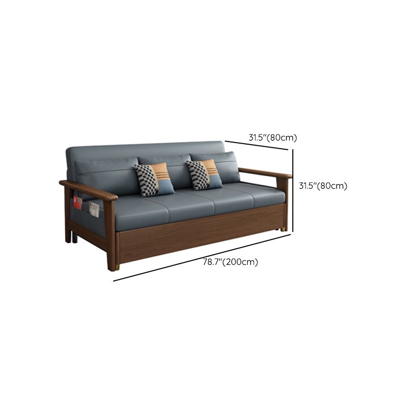 Convertible Square Arm Sofa with Pillows Faux Leather Sofa Bed in Blue