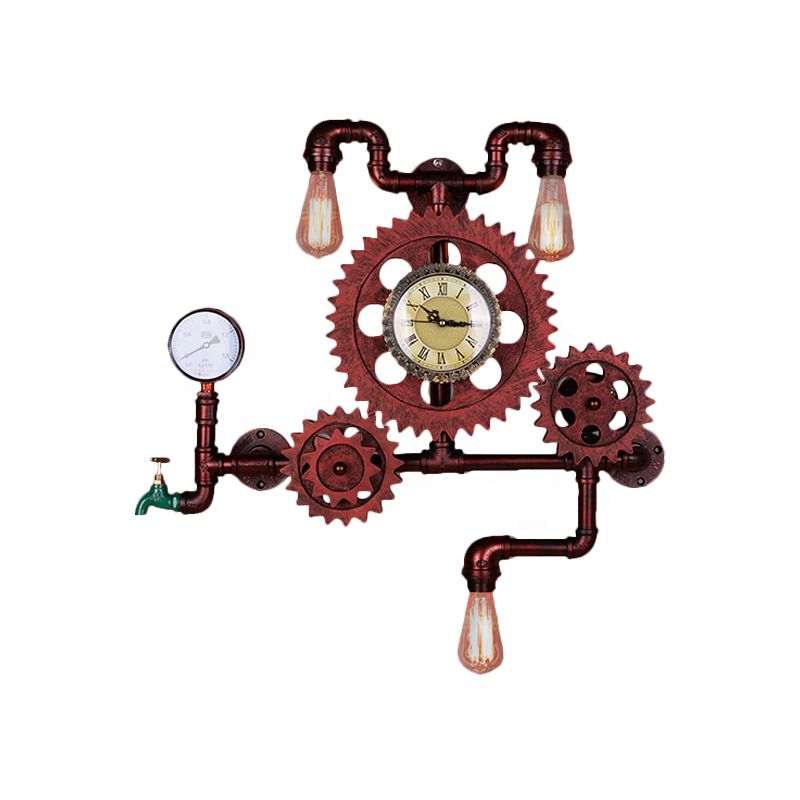 Rust Open Bulb Wall Lighting Factory Metal 2/3-Light Restaurant Sconce with Pipe and Gear Design