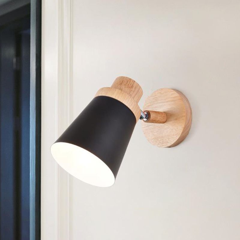 Barrel Wall Lamp Sconce Minimalist Metal 1-Head Living Room Wall Light Fixture with Wood Backplate