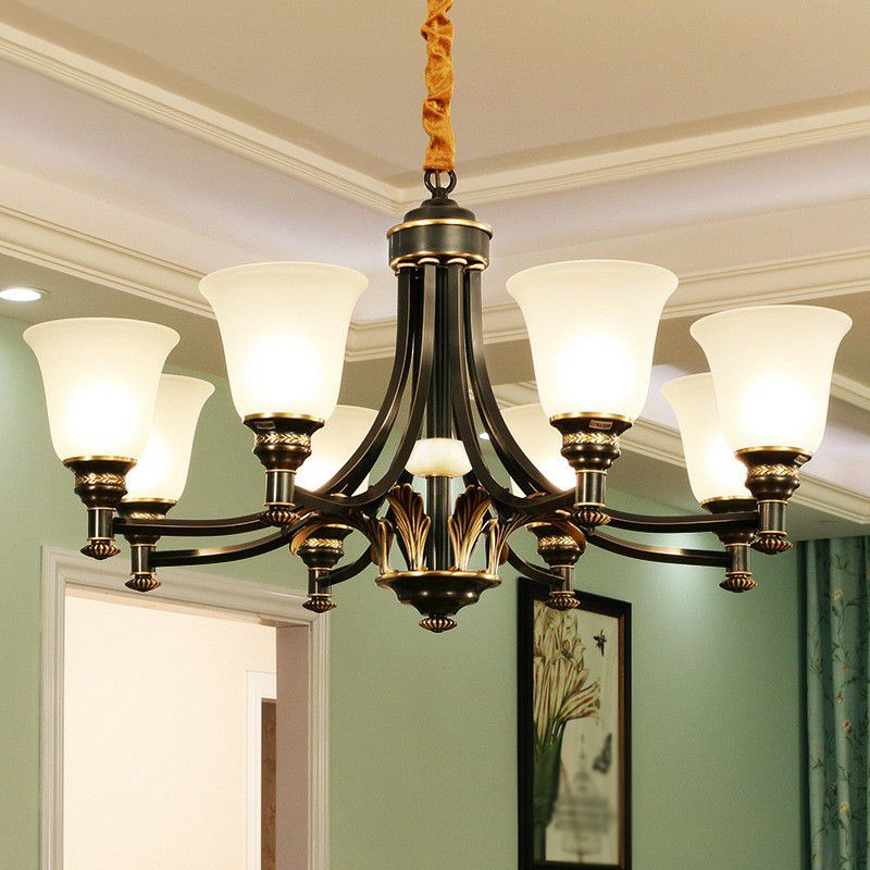 Cream Glass Flared Shade Chandelier Pendant Light Vintage Living Room Hanging Light in Black