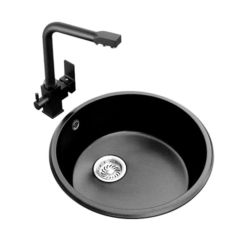 Round Granite Kitchen Sink in Black with Drain Assembly Undermount Sink