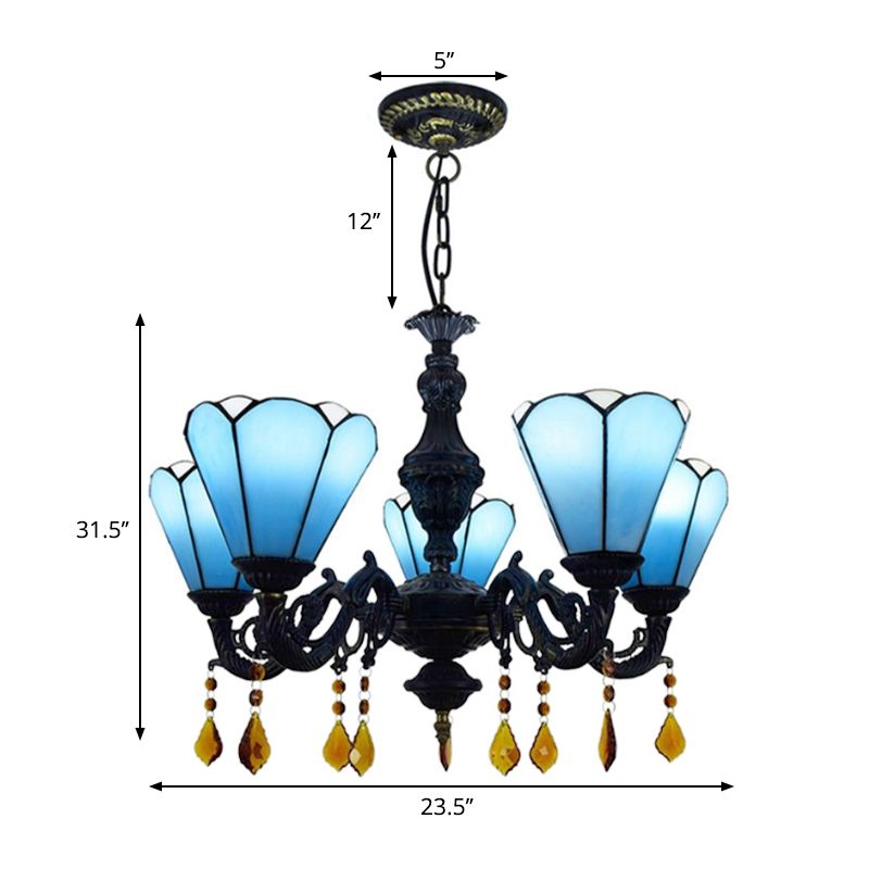 Tiffany Style Cone-Shaped Hanging Light Stained Glass 5 Lights Decorative Crystal Chandelier in Blue