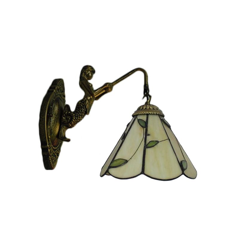 Green Glass Lily Wall Mount Light Tiffany 1 Head Antique Brass Sconce Light for Hallway