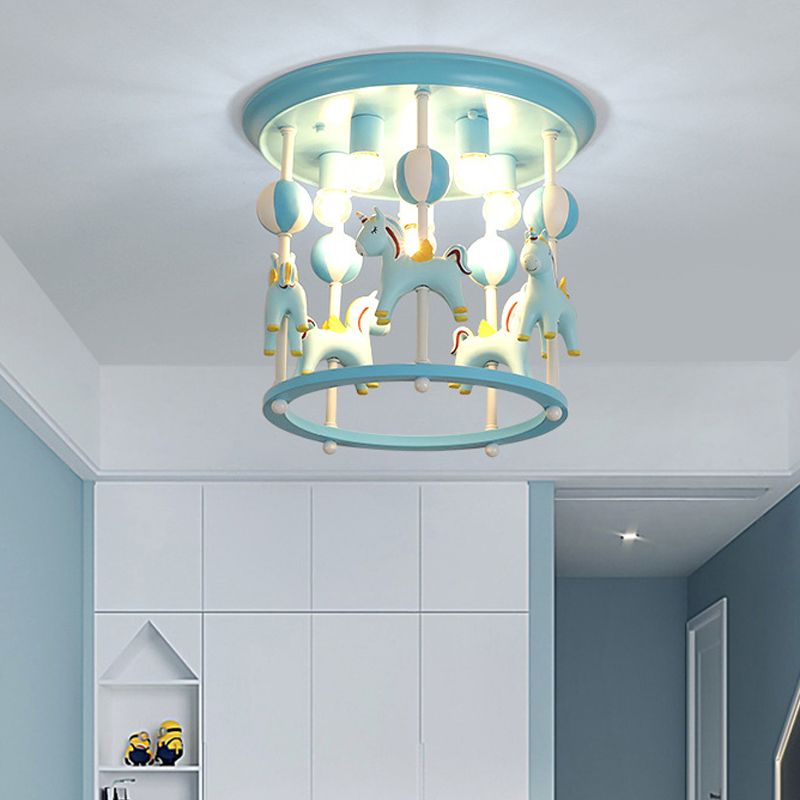 Merry-Go-Round Nursery Flush Ceiling Light Resin 6 Heads Kid Semi Flush Mount Light Fixture