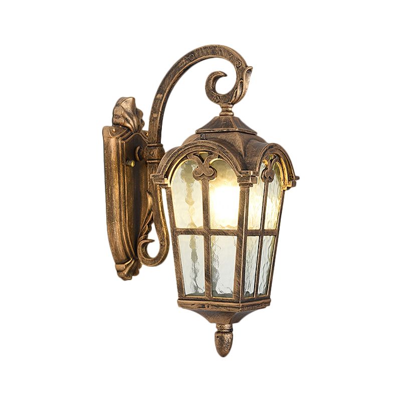 10"/14" W 1 Light Water Glass Wall Lamp Farmhouse Black/Brass Lantern Doorway Wall Lighting with Curvy Arm