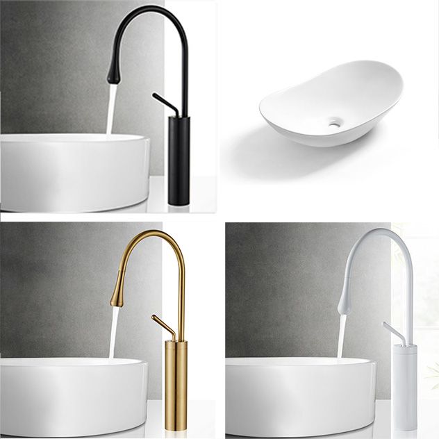 Contemporary Bathroom Sink Pop-Up Drain Porcelain Solid Color Oval-Shape Vessel Sink