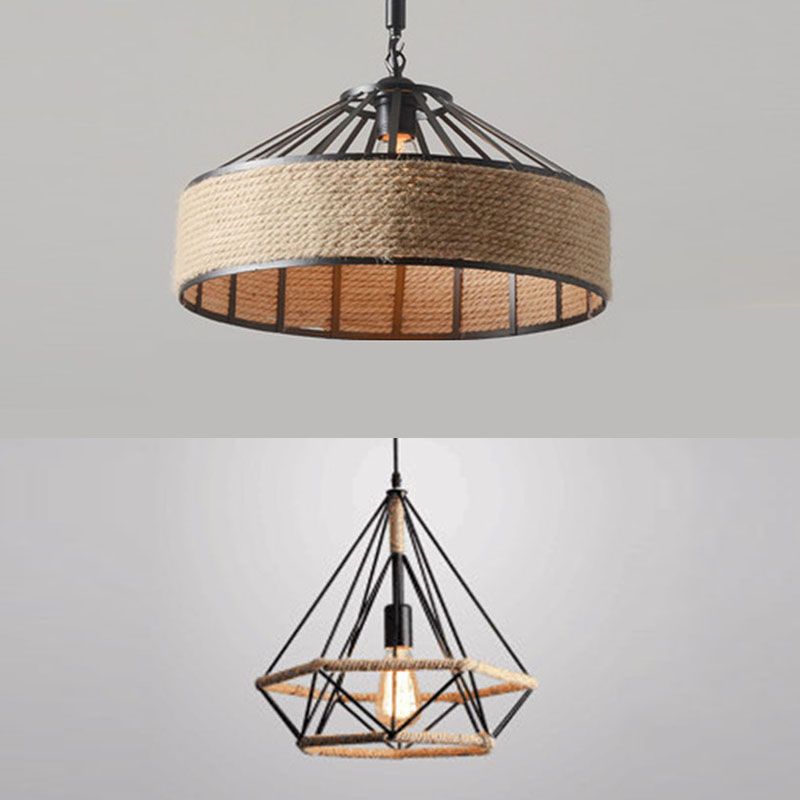 Geometric Rope Pendant Light Fixture Retro-Style Restaurant Pendant Ceiling Light in Beige