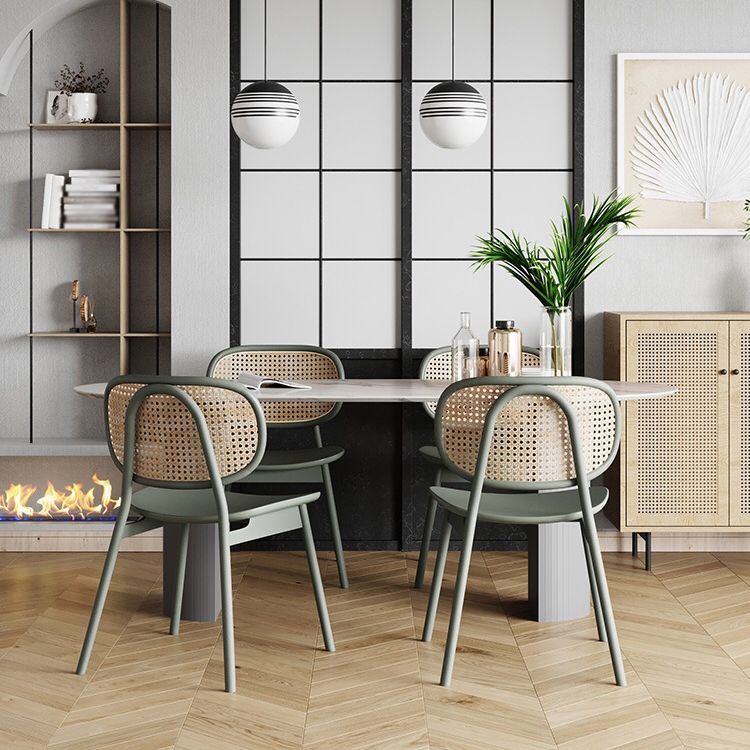 Oval gesinterde stenen eettafel moderne tafel in wit met metalen dubbele voetstuk voor restaurant