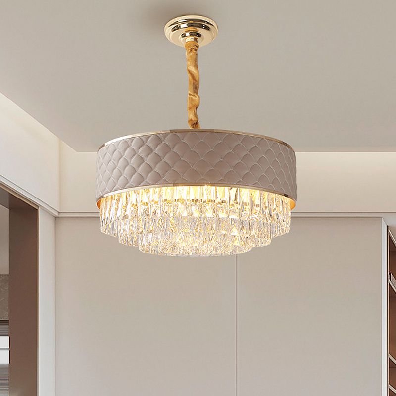 Drum Ceiling Light Post Modern 10-Light Clear Crystal Chandelier Light Fixture with Leatherwear Shade