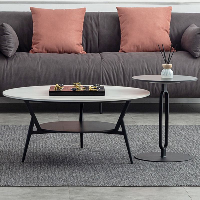 Modern Slate Trestle Coffee Table with Storage Round Cocktail Table in Grey