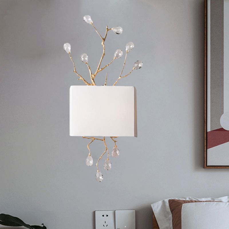 Rectangle Bedroom Wall Mounted Lamp Classic Fabric 2 Lights Brass Sconce with Pink/Clear Crystal Accent