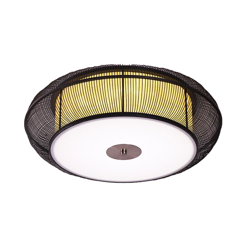 Lámpara de techo empotrada redonda de bambú, estilo asiático, 3/4 luces, accesorio de montaje en techo negro/madera para dormitorio, 18 "/22" de diámetro