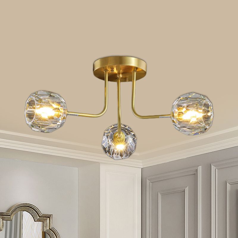 Moderne Ball Semi Flush Light 3/5-Light Clear Crystal Deckenbeleuchtung in Gold mit Sputnik-Design