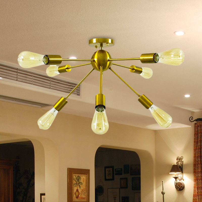 Metal Linear Semi Flush Mount Light with Small Ball Restaurant 8 Heads Modern Ceiling Lamp