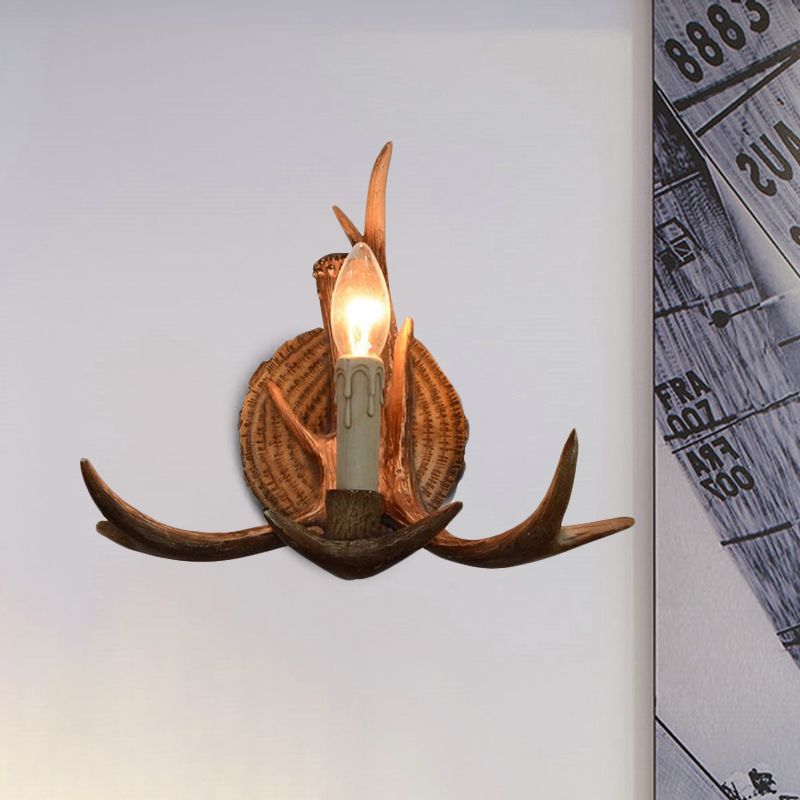Resin Candle Wall Sconce with Antlers Deco 1 Head Rustic Wall Light in Brown for Cottage