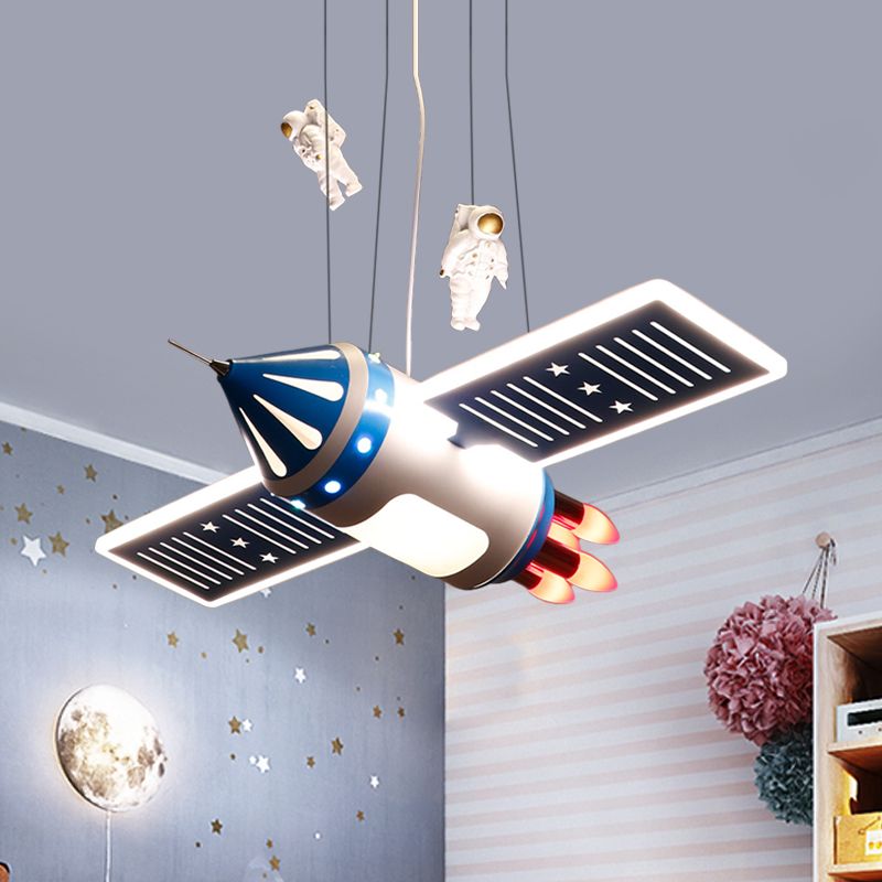 Spaceship Chandelier Light Fixture Cartoon Metal 4 Bulbs Red/Blue Hanging Pendant Lamp for Nursery