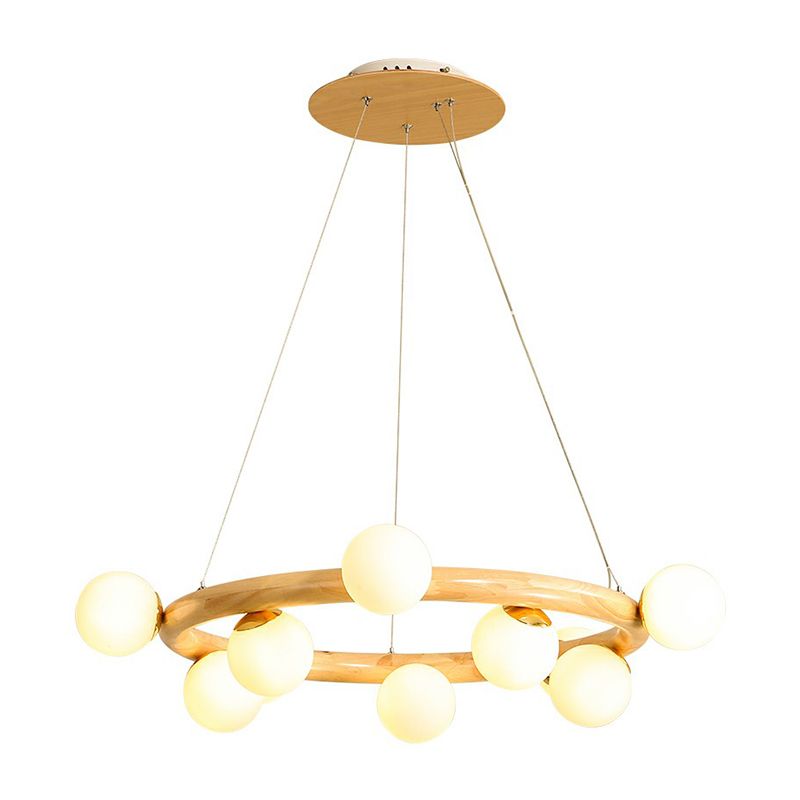 Minimalismo de araña colgante de madera circular Beige Luz colgante con sombra de vidrio blanco orbe