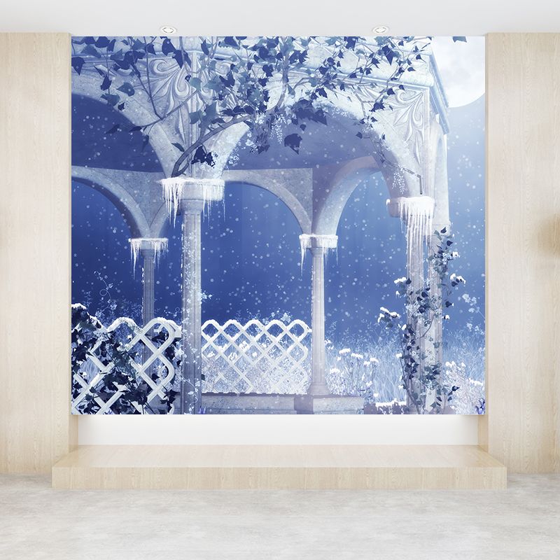 Blue Bower and Snowflake Mural Decal Waterproof Modern Interior Room Wall Covering