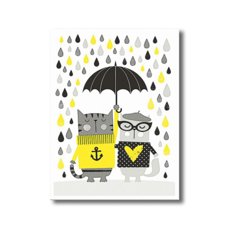 Cats with Umbrella Wall Art Print Kids Style Funny Animal Canvas in Grey for Bedroom