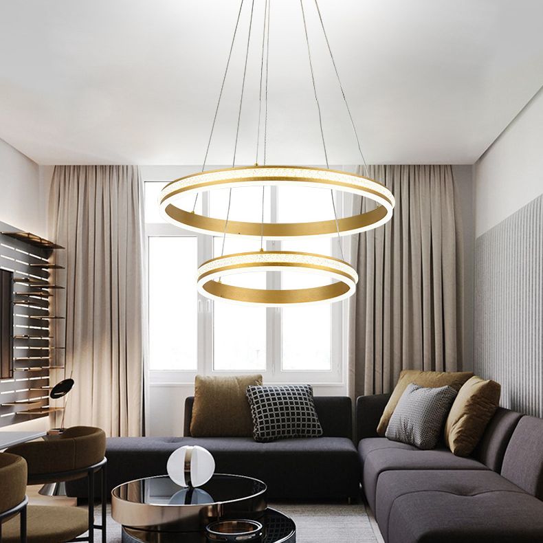 16"+24" Diameter 2-Tiered Ring LED Chandelier Aluminum Gold LED Hanging Pendant Light with Diamond Stripes Acrylic Shade